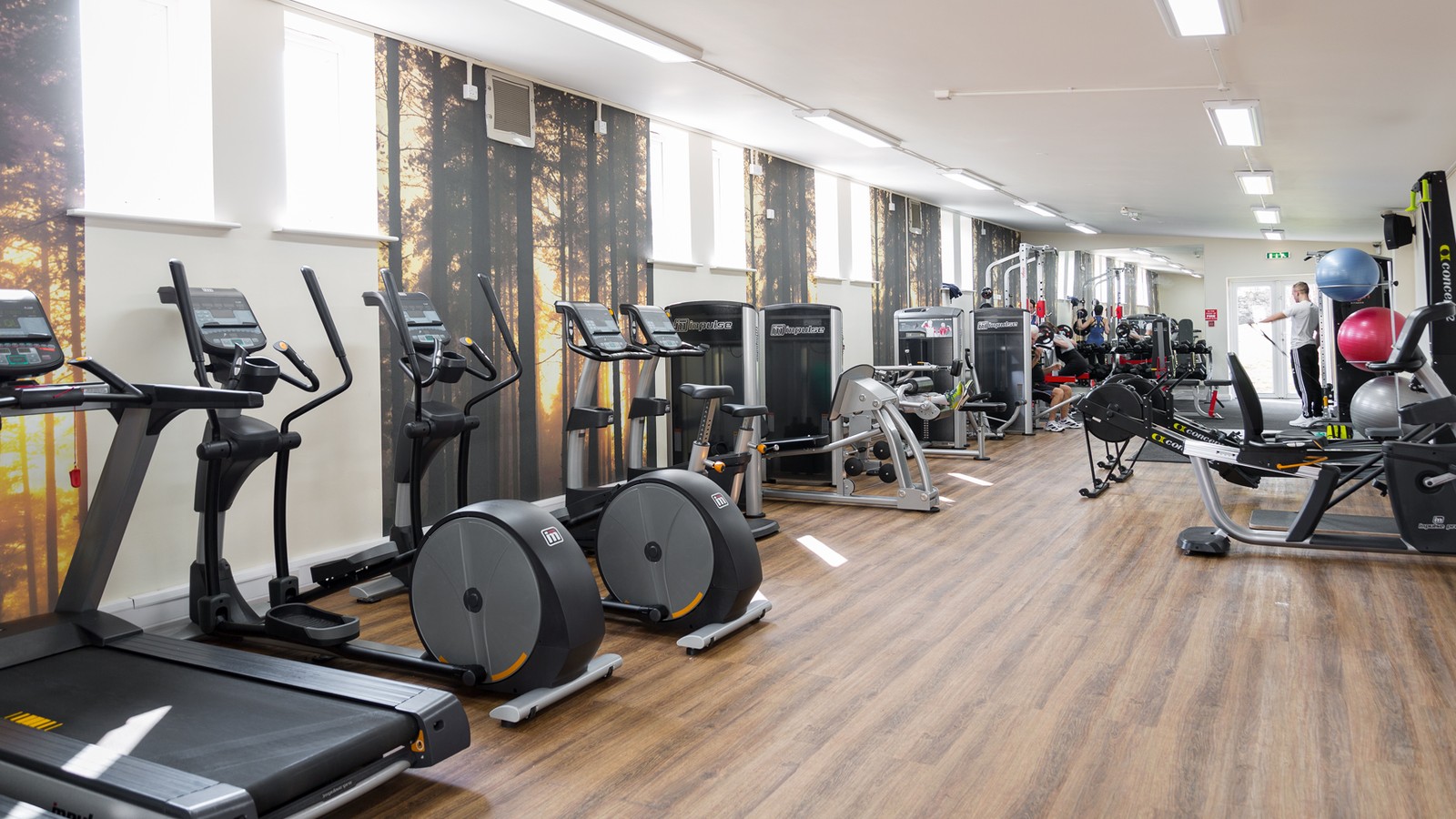 The gym at Bodelwyddan Castle with multiple exercise machines, weights and exercise balls.
