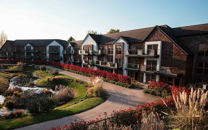 The view overlooking The Fairways rooms, facing the beautiful landscaped gardens with a small lake in the centre.