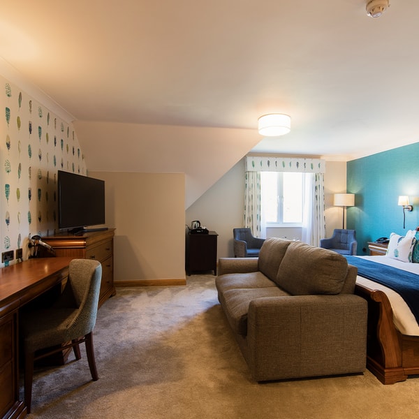 A large room found in the Royale rooms with bed and additional seating.