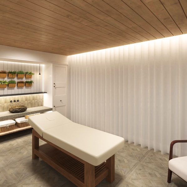 A serene spa treatment room, bathed in soft light, promising relaxation and rejuvenation.