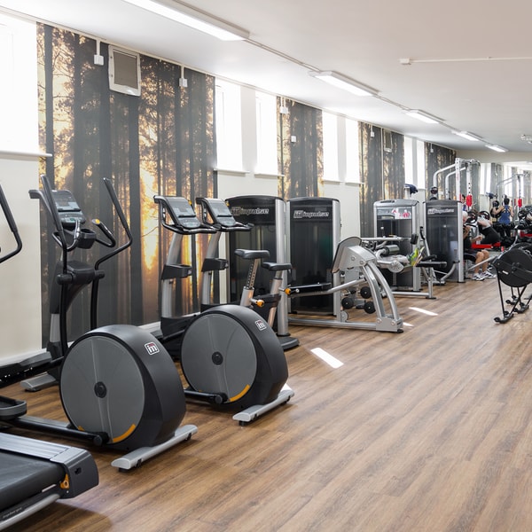 The gym at Bodelwyddan Castle with multiple exercise machines, weights and exercise balls.