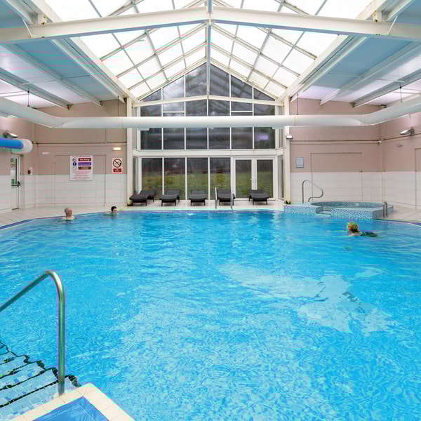 Indoor pool with steps leading into the water and a view of the grounds from the floor to ceiling windows.