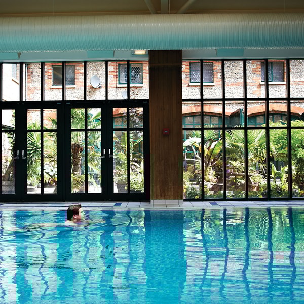 Indoor pool with courtyard view.
