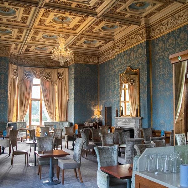 Brasserie32, Thoresby Hall's second dining venue, can be found in the exquisite Blue Room. Be sure to look up and enjoy all the intricate details of this stunning space.