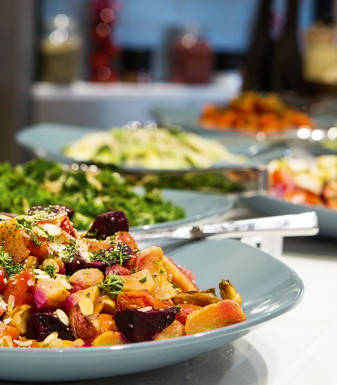 Delicious food on the buffet in Market Kitchen at Studley Castle