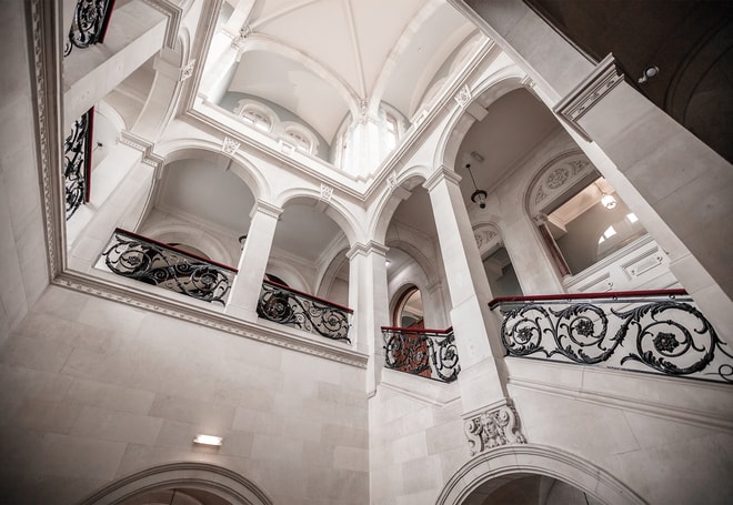 The stairwell inside Thoresby Hall's manor house building