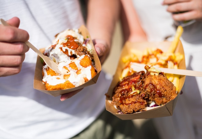Close up of some chicken and chips and halloumi with a yoghurt dressing