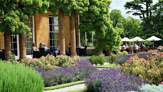 Guests sat on the terrace at Cricket St. Thomas enjoying a relaxed break surrounding by greenery