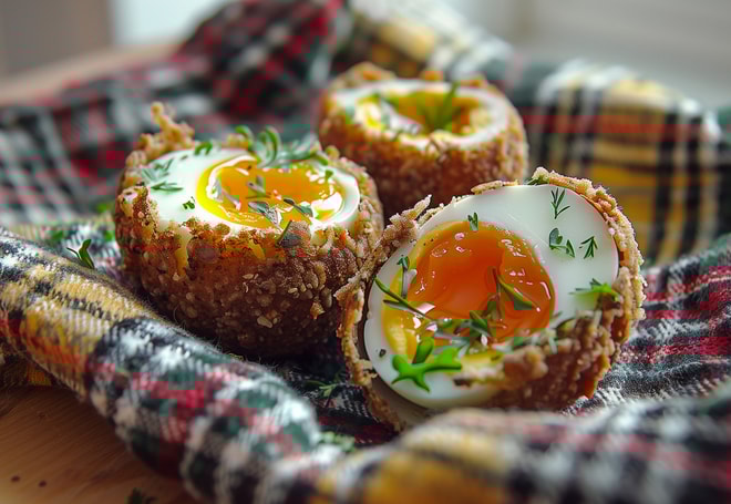 Scotch eggs cut open with a runny centre