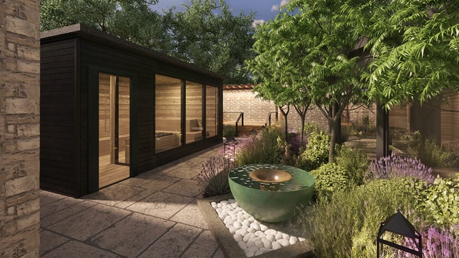 A render of the Spa Garden featuring an external sauna at Thoresby Hall from 2026