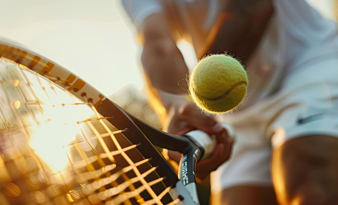Close up of a mans hand holding a tennis racket with a ball about to bounce of it