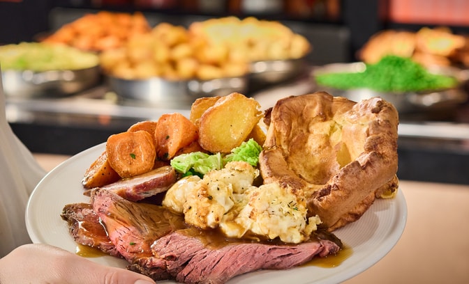 Delicious self serve roast beef meal from our carvery in Market Kitchen